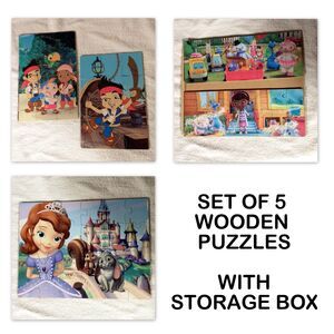 Set of 5 Wooden Disney Jr Character Puzzles with Storage box
